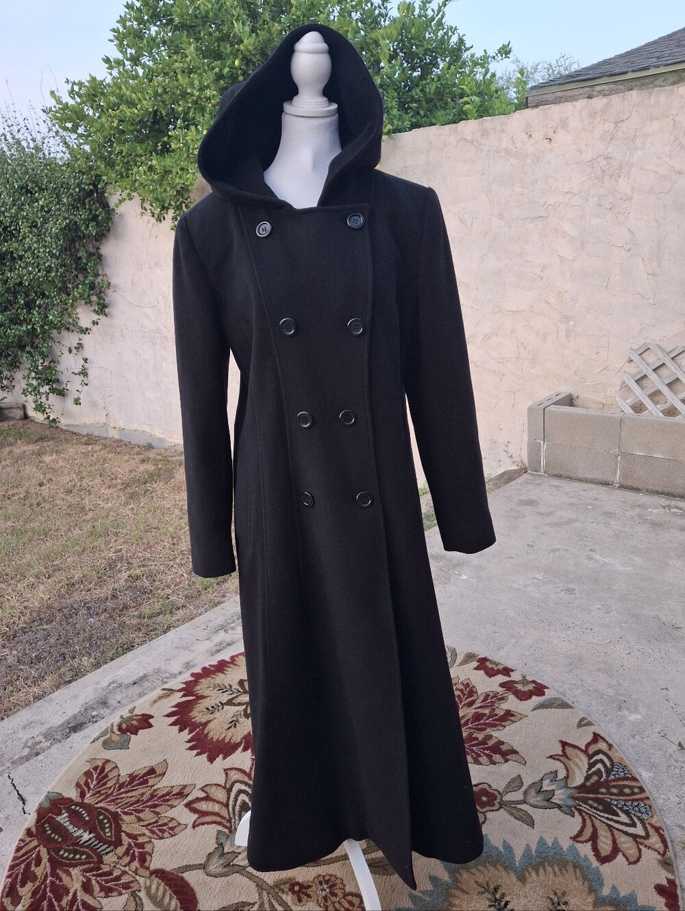 Anne Klein Black Hooded Double-Breasted 100% Wool Long Coat Women Size 16 - Picture 4 of 16